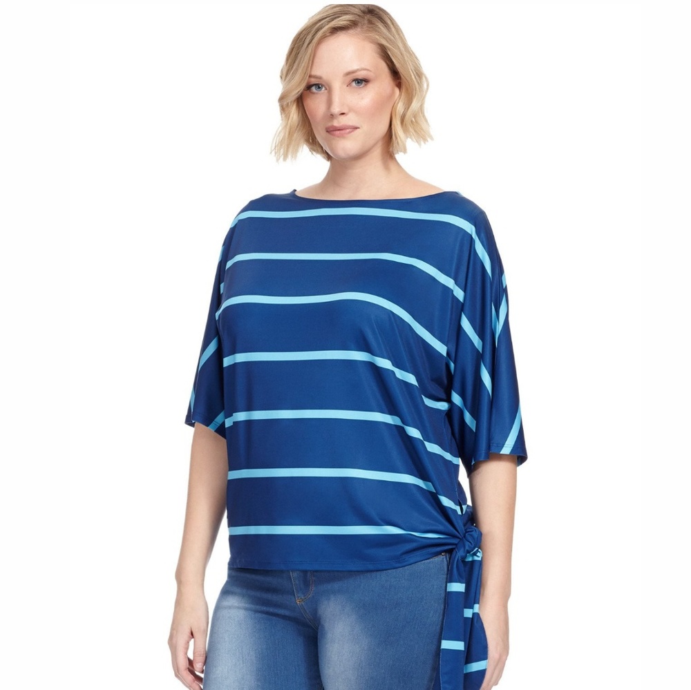 Ainsley Navy & Blue stripe, tie waist top - 2X